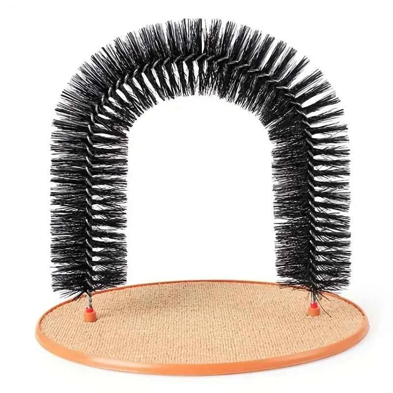 Black bristle cat arch self-groomer with tan scratching base and red corner pegs