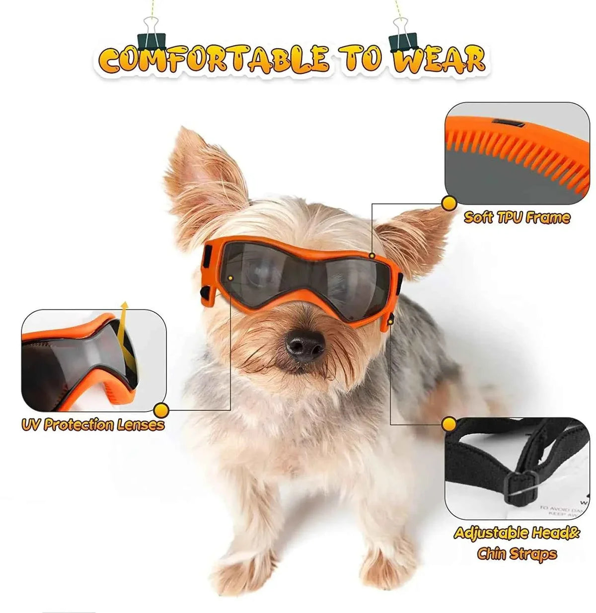 Hund mit orangefarbenen UV-Goggles, breitem Kopfriemen und Kinnriemen