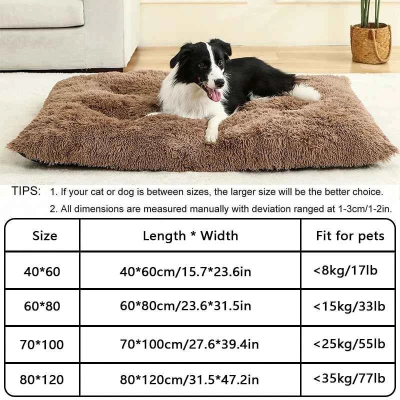 Brown shag plush pet sofa bed with black-and-white dog lying on the cushion