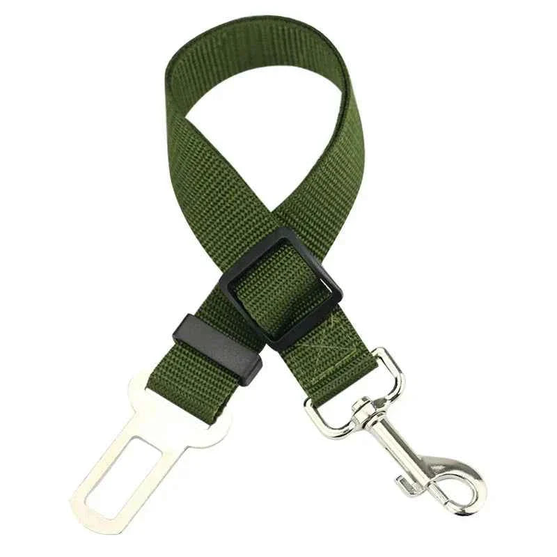 Pet car seat belt harness, dark green webbing with metal clip and adjustment buckle