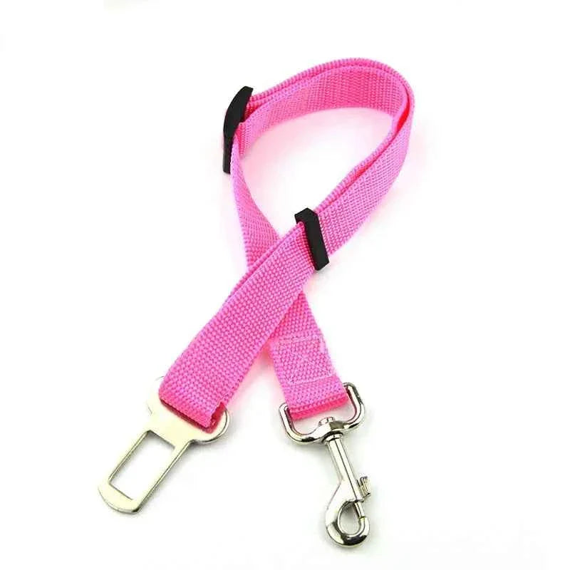 Bright pink seat belt harness strap with adjustable clip and metal carabiner