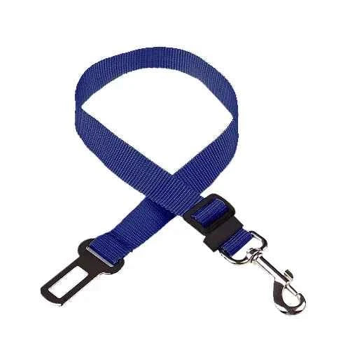 Pet car seat belt harness in dark blue fabric with black buckle and metal hook