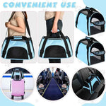 Blue portable cat & dog carrier bag shown with straps and mesh door in use