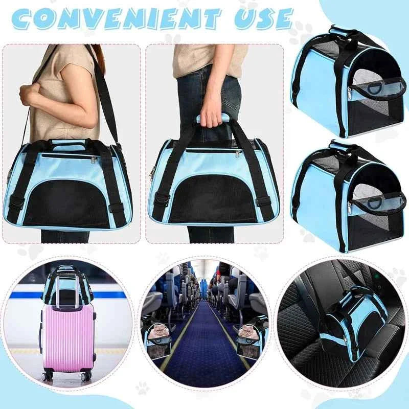Blue portable cat & dog carrier bag shown with straps and mesh door in use