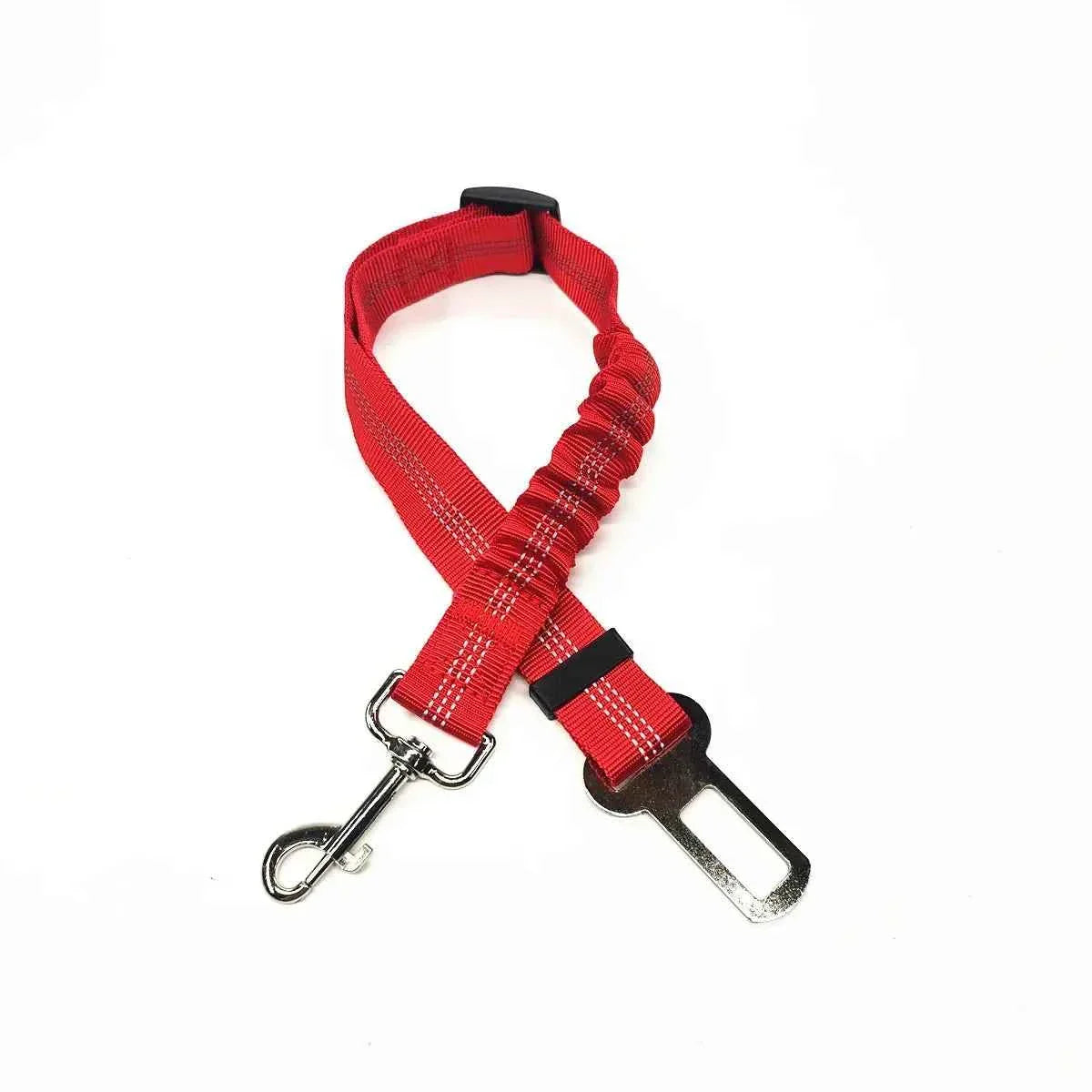Red pet car seat belt harness with adjustable clip and metal snap hook D-ring