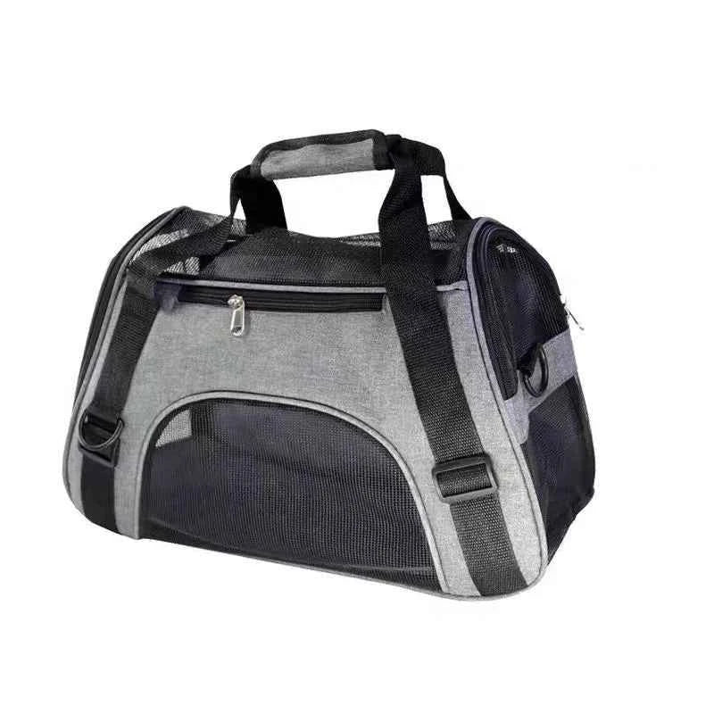 Foldable pet carrier bag, grey/black, breathable mesh front and zip pocket