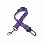 Purple pet car safety belt harness with adjustable clip and metal D-ring.