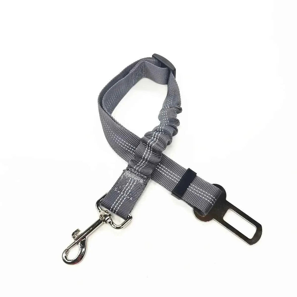 Gray plaid pet car safety belt harness with adjustable clip and metal D-rings.