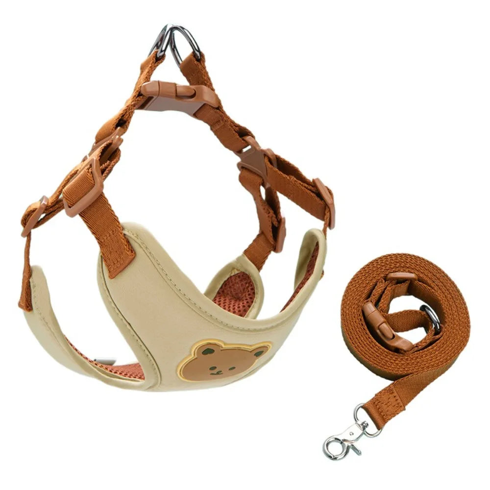 No-pull dog harness and leash set, beige padded chest with brown straps and leash