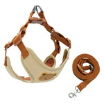 No-pull dog harness and leash set, beige padded chest with brown straps and leash