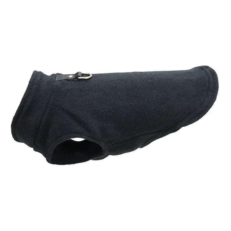 Black fleece pet jacket with D-ring leash ring and side opening