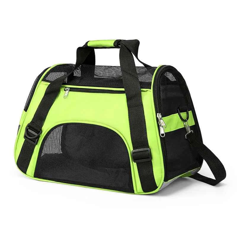 Foldable pet carrier bag, green/black, breathable mesh front and side hook strap