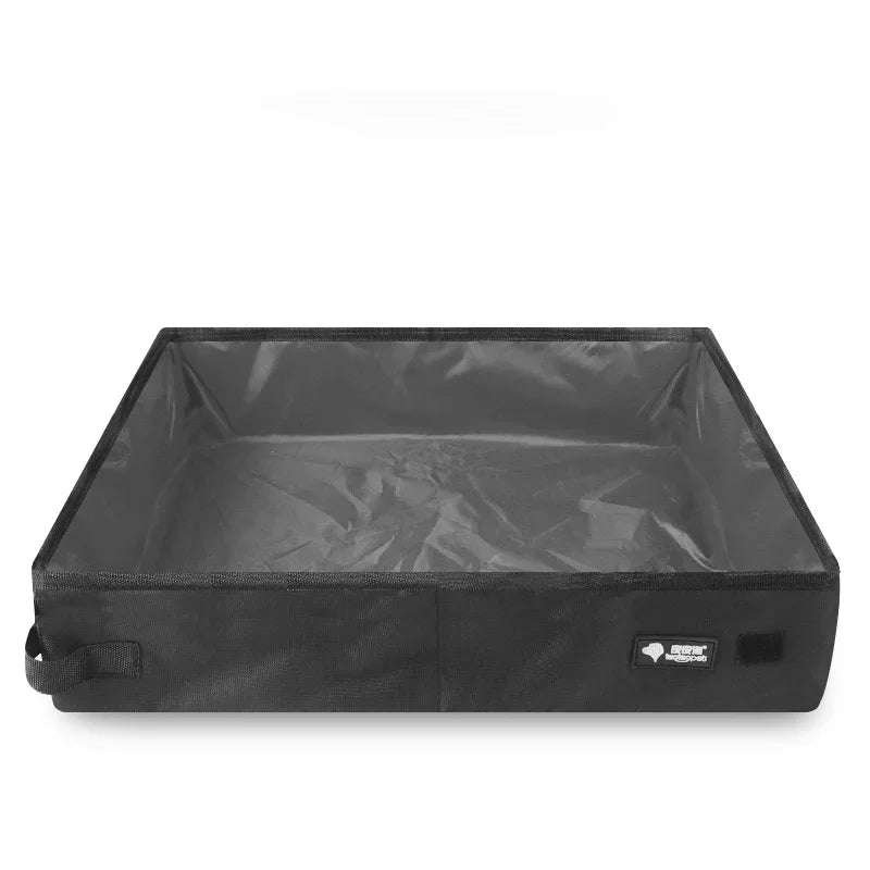 Portable folding pet litter box with dark fabric sides and clear gray waterproof liner