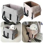 Gray and khaki pet car seat beds with black straps, side handles, and zippered front