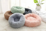 Plush round donut pet bed set, dark grey and light pink shag nest cushions
