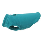 Turquoise fleece dog jacket vest with D-ring, open chest and arched cutout neck