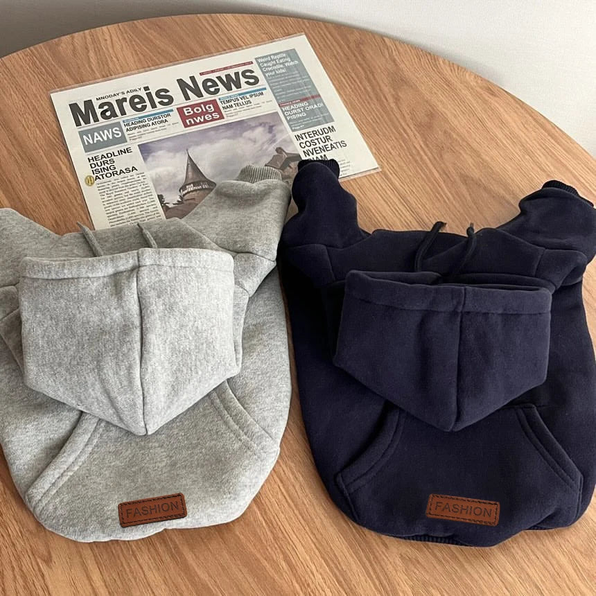 Pair of dog hoodies: light grey and navy, both with hoods and front pockets