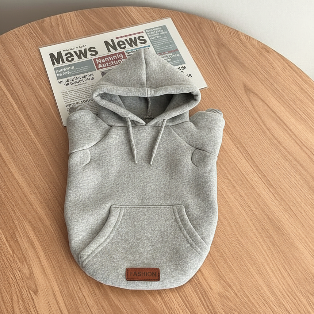 Light grey dog hoodie with hood, front pocket, and drawstring
