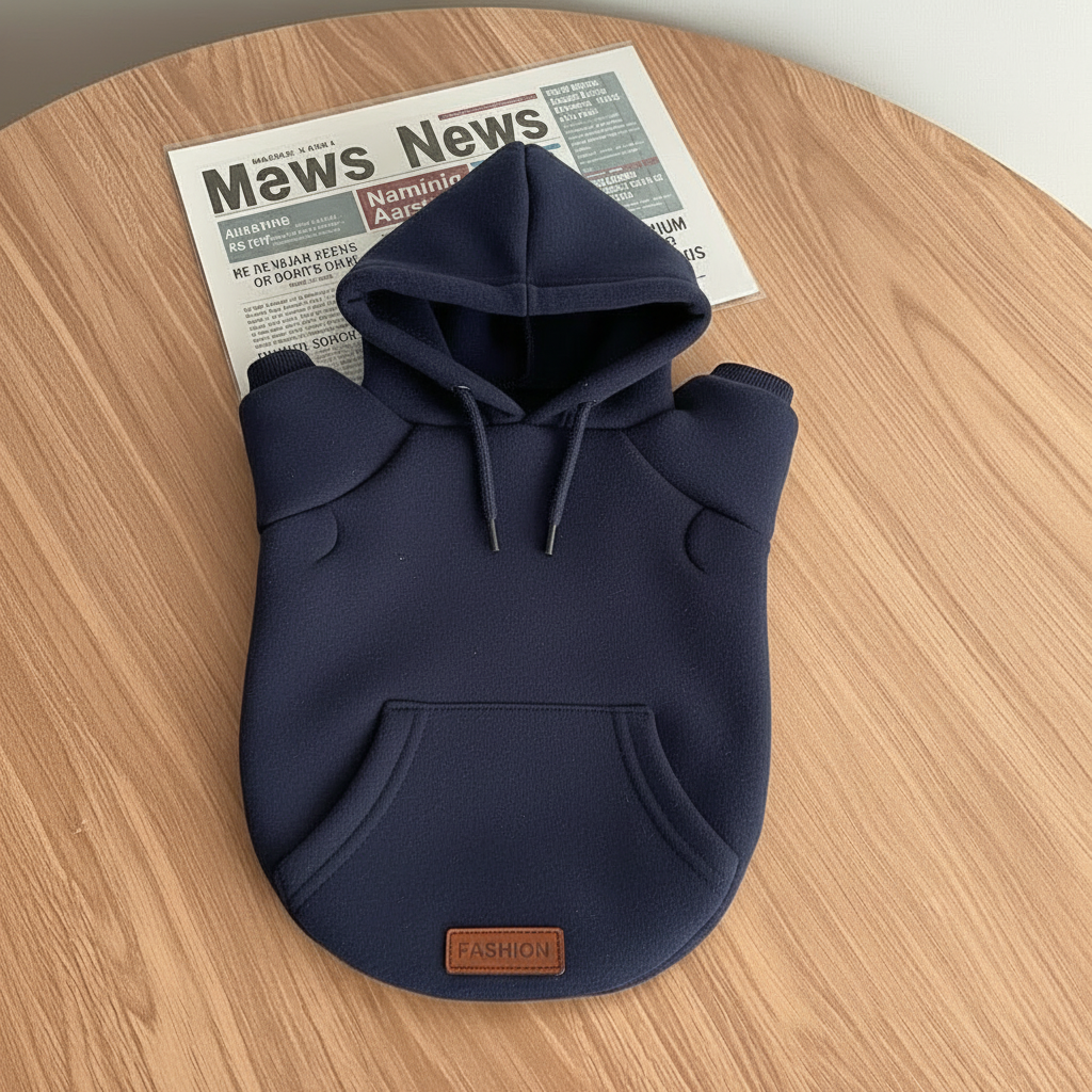 Deep navy dog hoodie with hood, front pocket, and drawstring