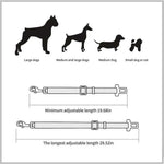 Adjustable pet car seat belt harness with clasp, shown with length ranges
