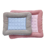 Pink pet cooling mat set with gray striped frame and light blue cushion