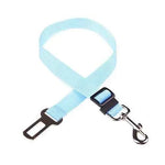 Light blue pet car seat belt harness with adjustable clip and metal snap hook D-ring