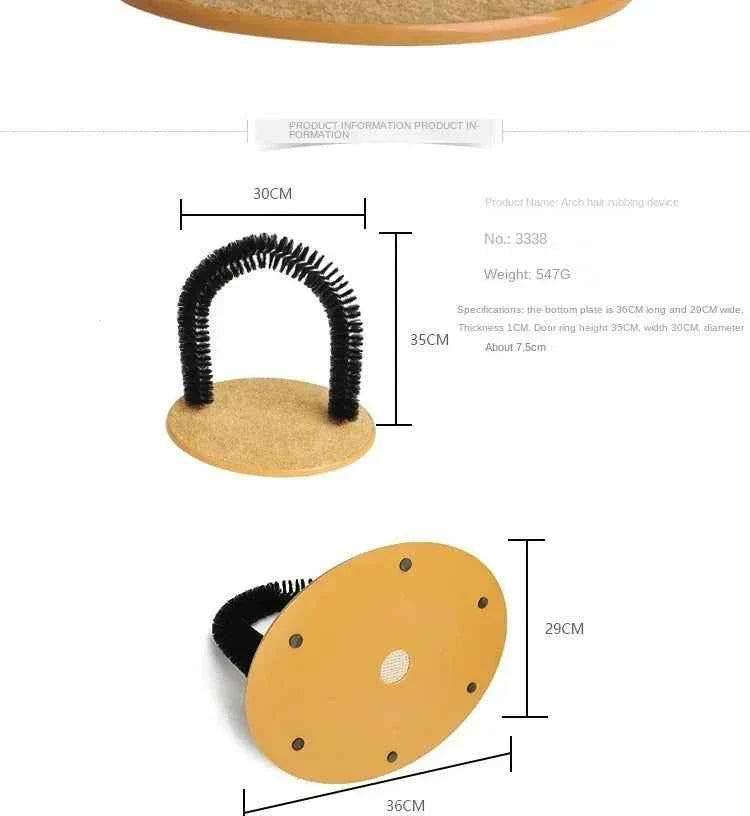 Cat arch scratcher layout with black bristle frame on tan circular base