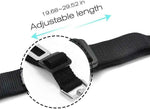 Adjustable black strap car harness with sliding buckle and metal release clasp