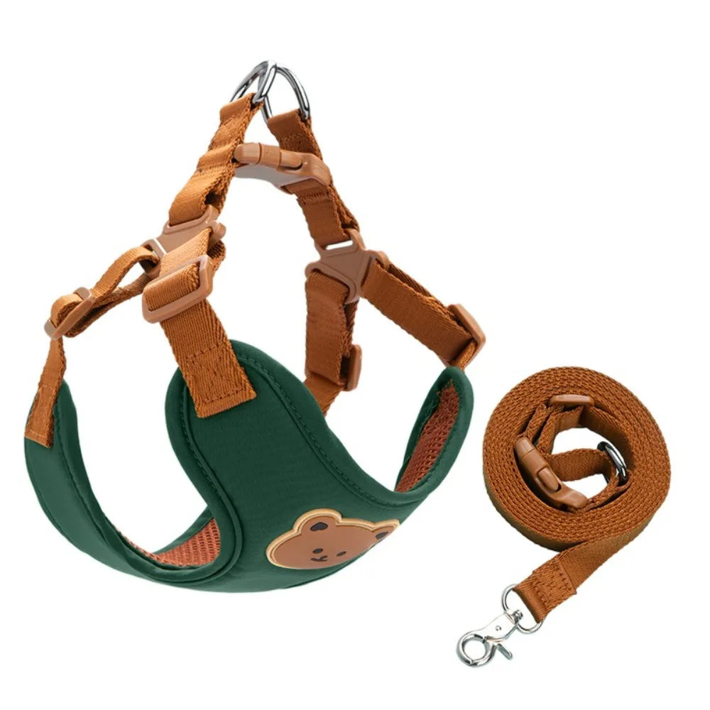 No-pull dog harness and leash set, dark green padded chest with brown straps and leash