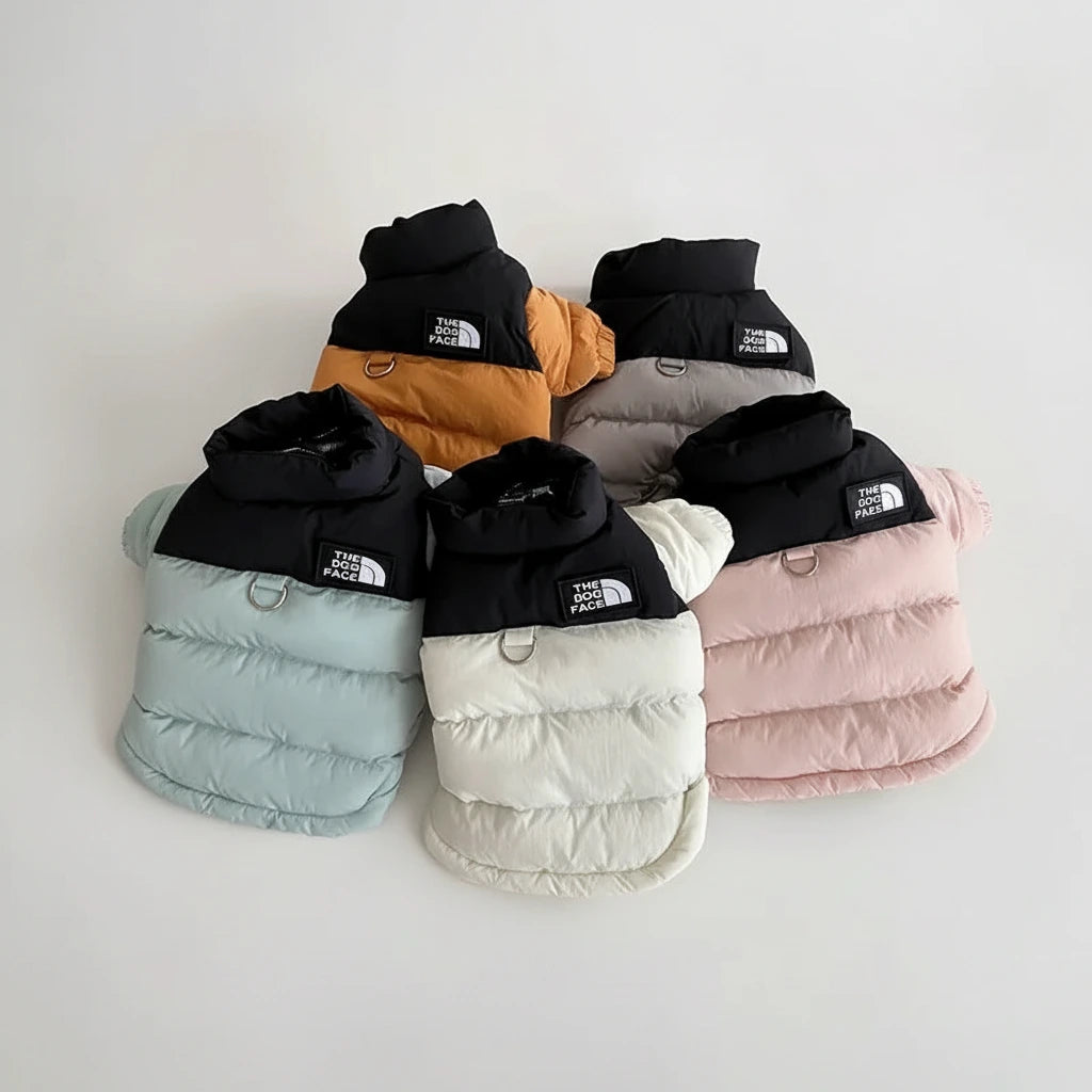 Pack of padded pet jackets in black, orange, light blue, white, pink, and mint tones