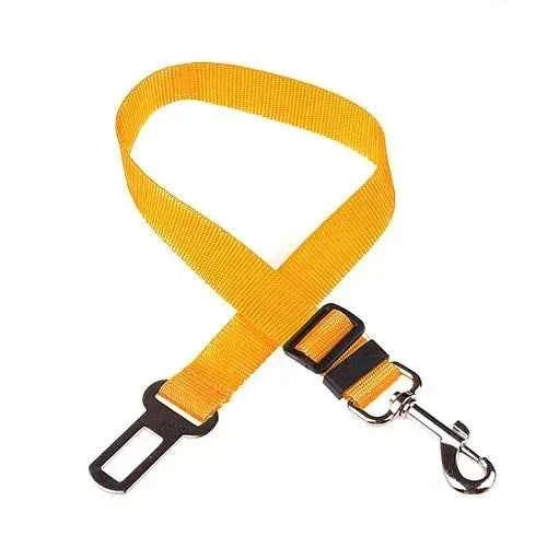 Yellow pet car seat belt harness with adjustable clip and metal snap hook D-ring