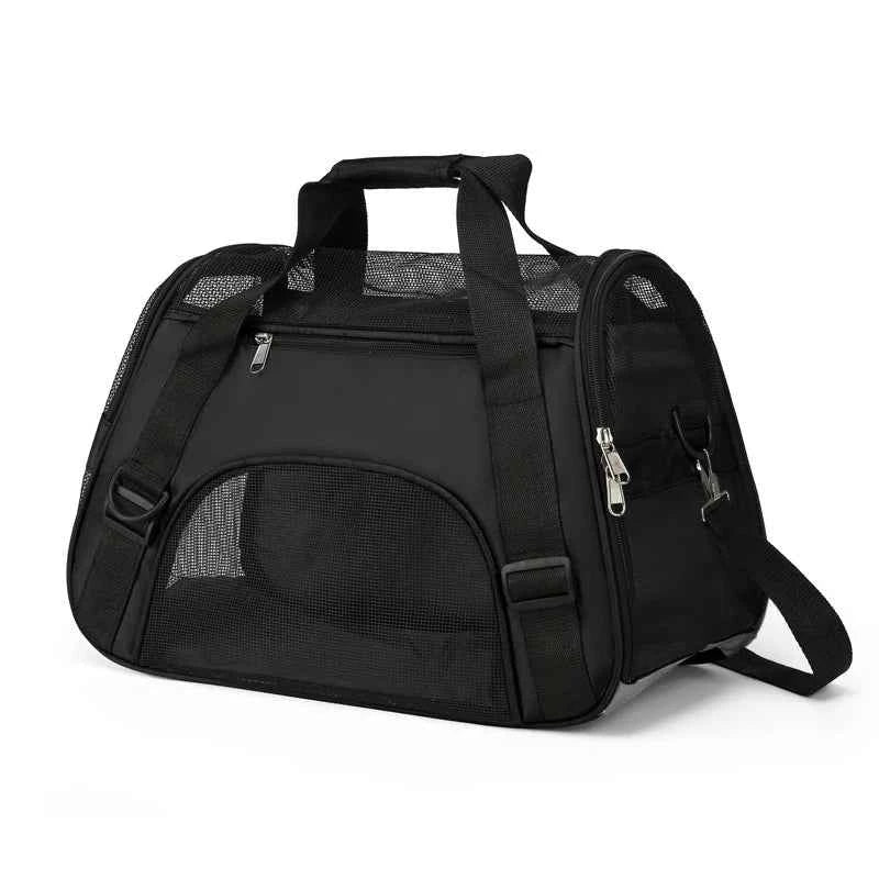 Black foldable cat & dog carrier bag with front mesh window and shoulder strap