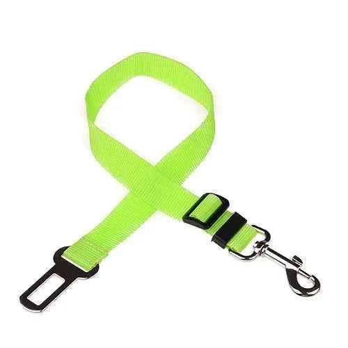 Bright lime green pet car safety belt harness strap with adjustable buckle and clip.