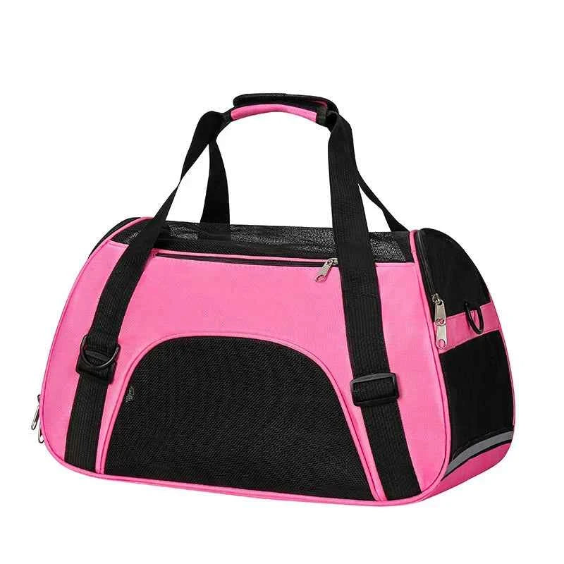 Foldable pet carrier bag, pink/black, large mesh front panel and side handle