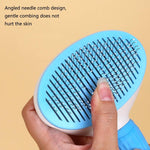 Pet hair comb brush with blue oval head and angled needle pins