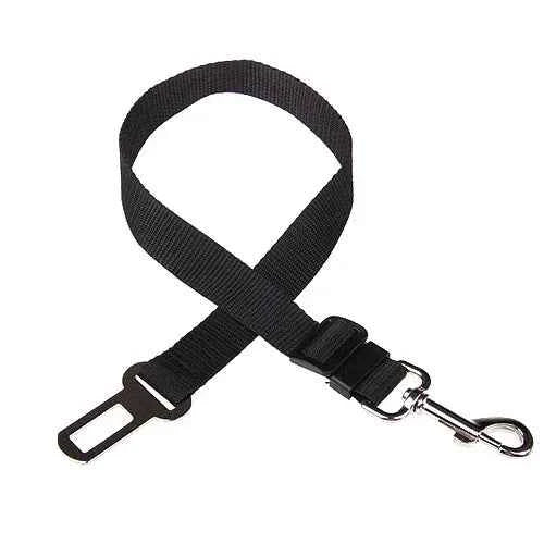 Black pet car safety belt harness strap with adjustable buckle and clip.