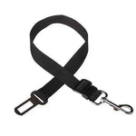 Black pet car safety belt harness strap with adjustable buckle and clip.