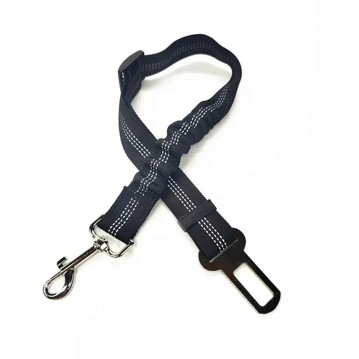 Navy pet car safety belt harness with adjustable clip and metal D-rings.