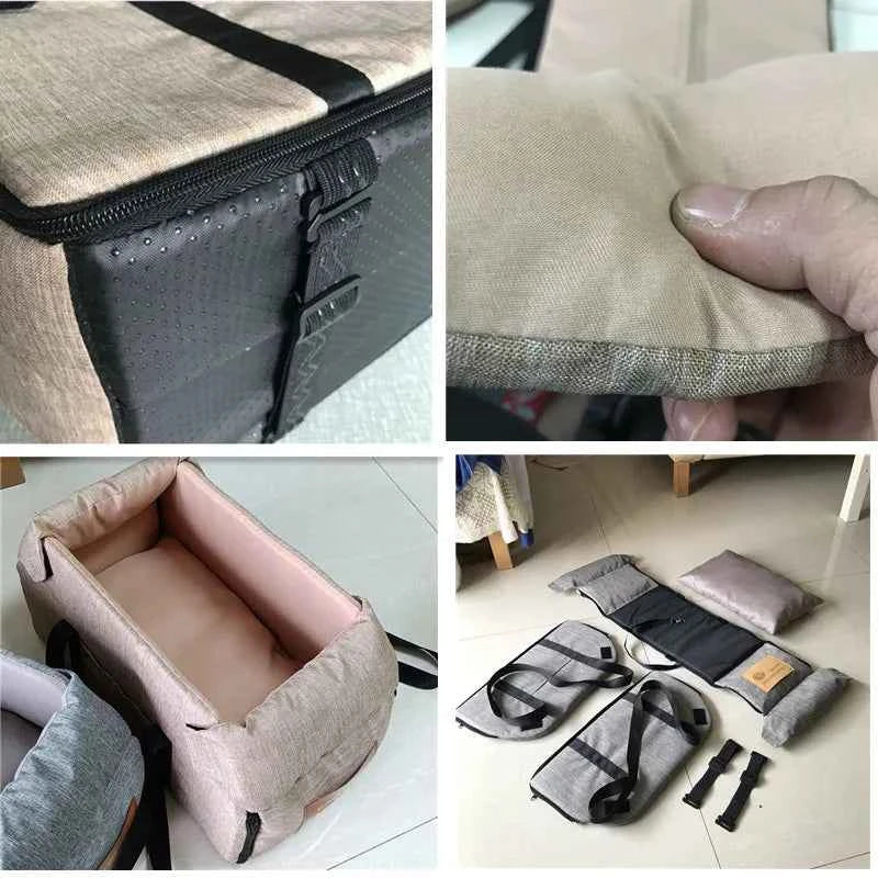 Close-up of gray and beige pet seat bed with zippers, fabric edges, and stitched trim