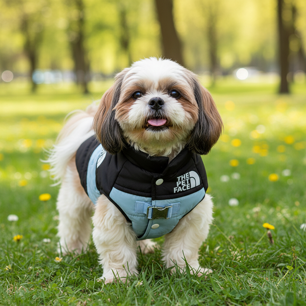 Cozy cotton pet jacket on small dog, black with teal panel and front snap closure