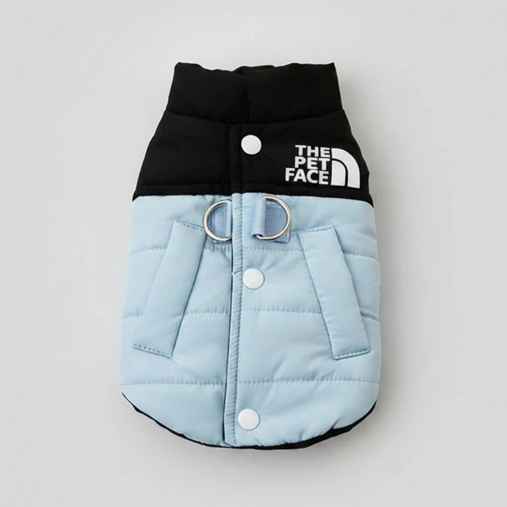 Light-blue pet jacket with black top, THE PET FACE patch, buttoned front and leash rings