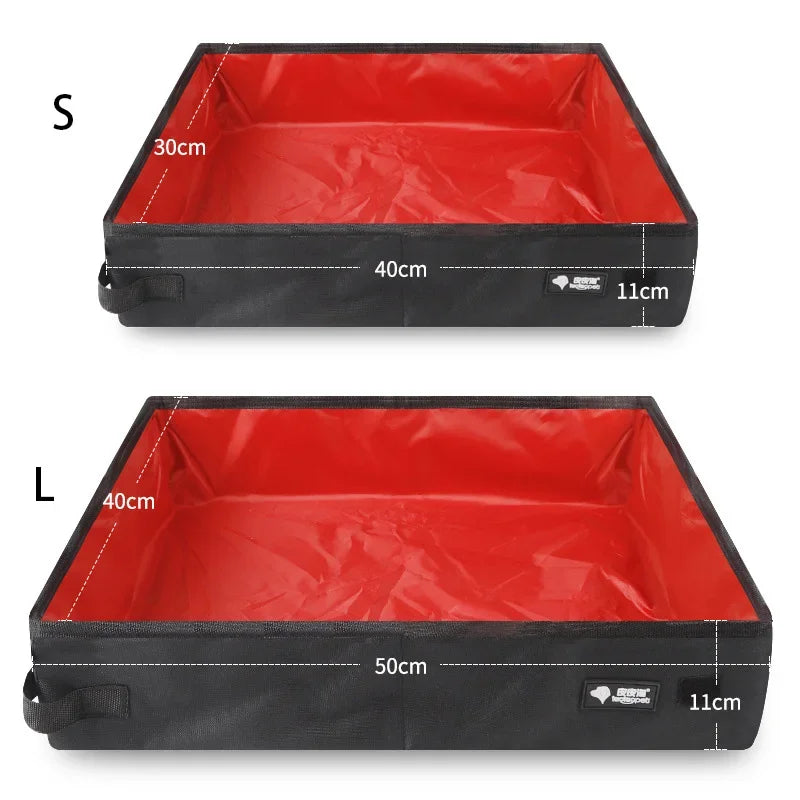 Portable folding litter box size diagram: S and L measurements, waterproof red liner