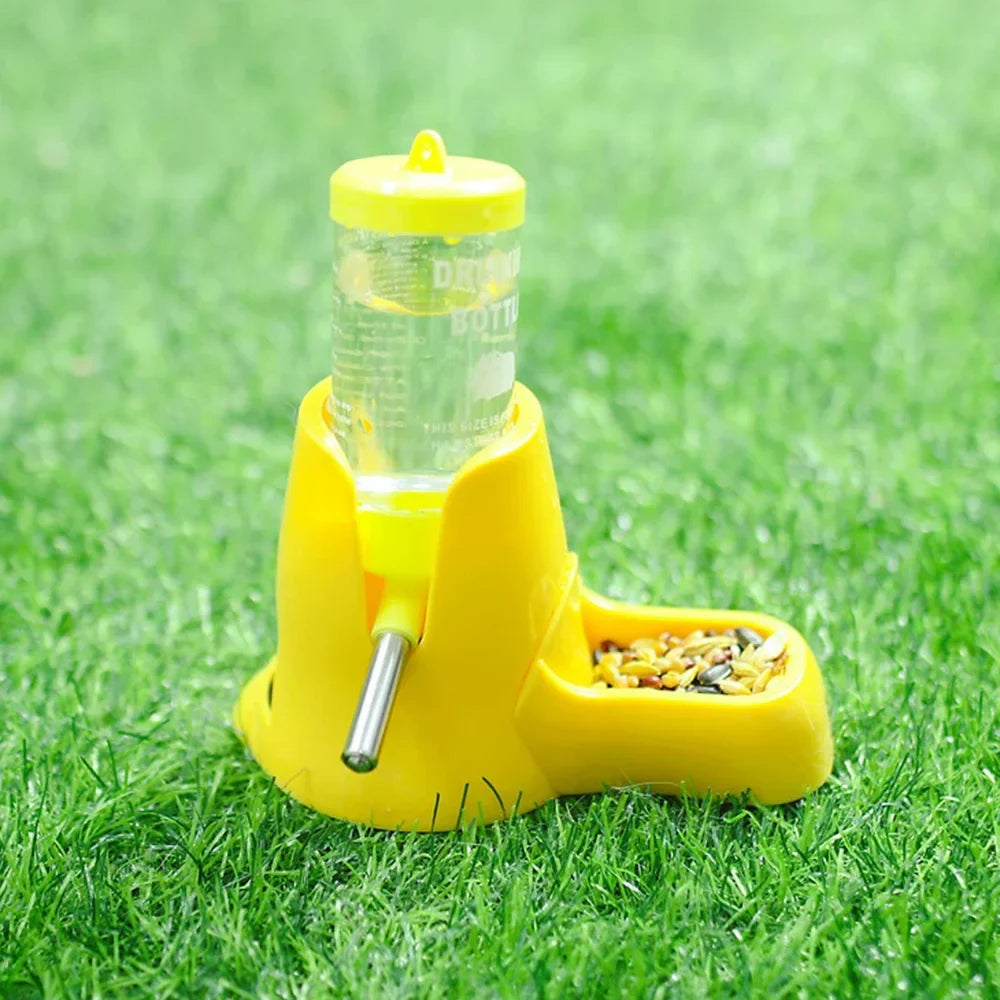 Yellow automatic pet water bottle feeder dispenser with bowl of dry food and metal tube