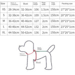 Dog harness size chart with measurements and back/bust diagram
