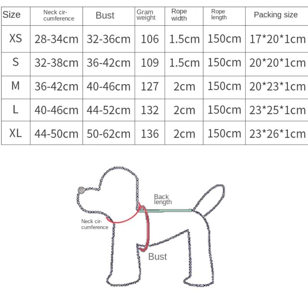Dog harness size chart with measurements and back/bust diagram