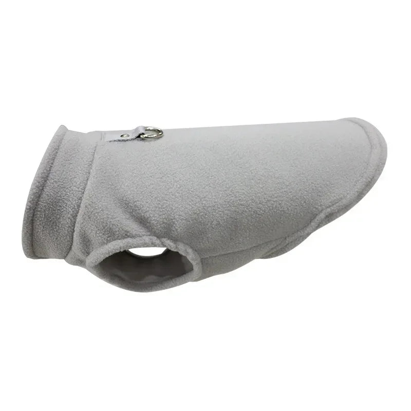 Grey fleece dog jacket vest with D-ring, open chest and arched cutout neck