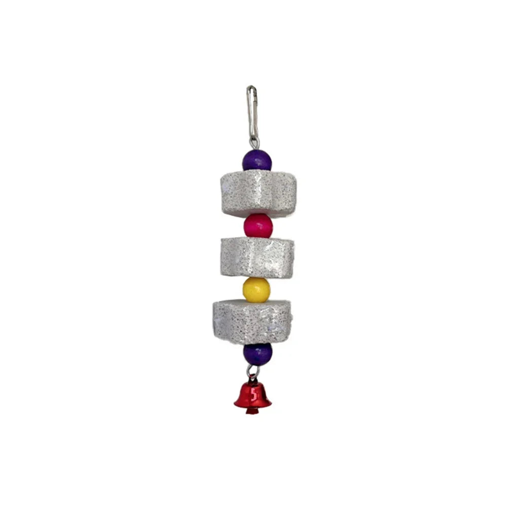 Hanging volcanic rock chew toy with stacked cubes and purple, pink, yellow, red beads, bell