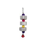 Hanging volcanic rock chew toy with stacked cubes and purple, pink, yellow, red beads, bell