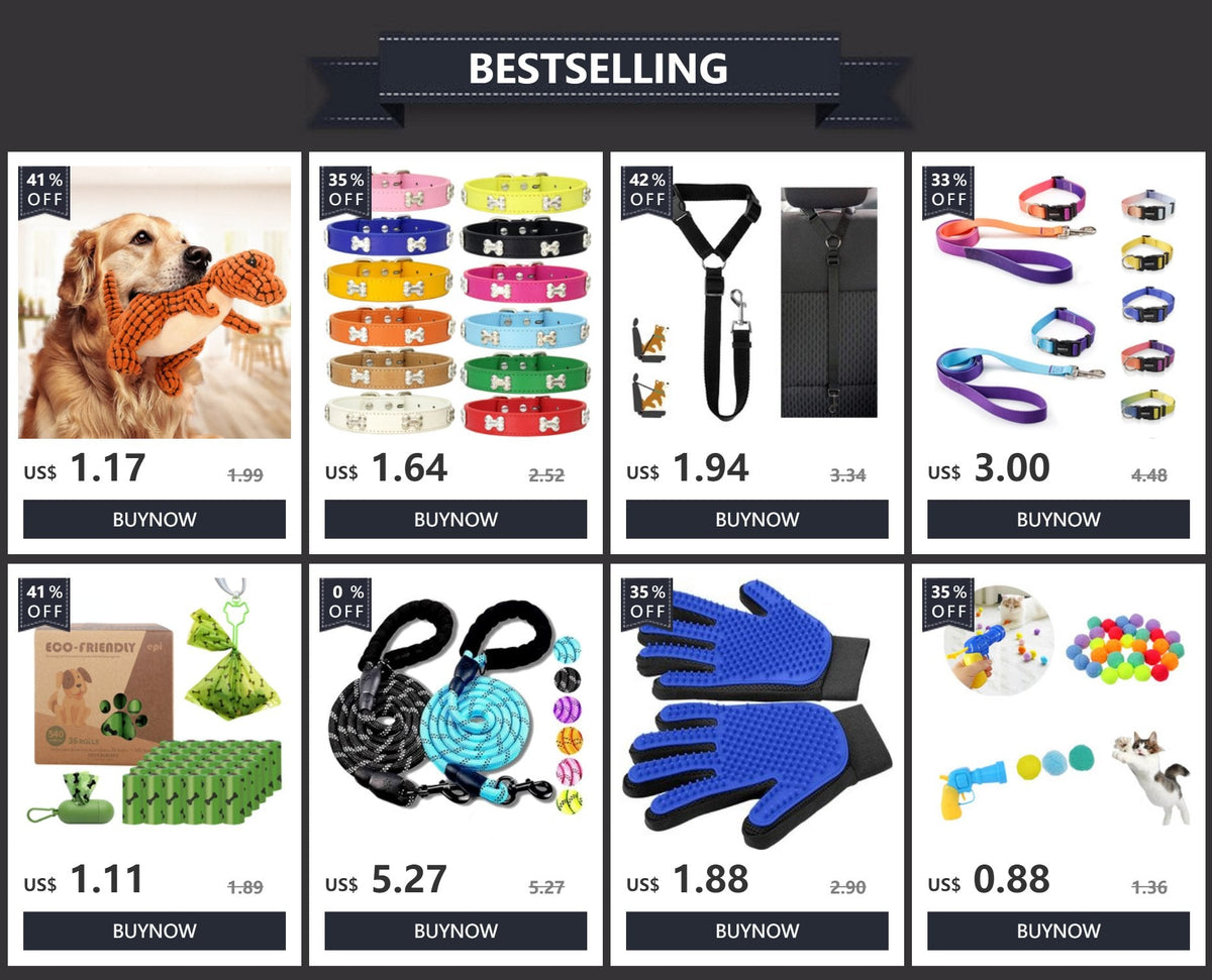 Assorted colorful pet car seat belt harnesses and accessories in a listing grid