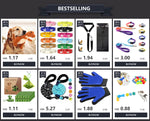 Assorted colorful pet car seat belt harnesses and accessories in a listing grid